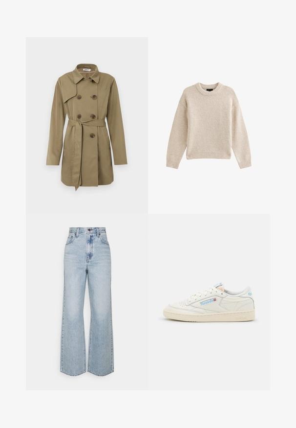 Beige trenchcoat tot de knie met dubbelgeknoopte schildpadknopen, een tailleband, een brede kraag en lange mouwen.; Beige gebreide trui met een ronde halslijn, lange mouwen en geribbelde zoom. Gelaagd stof met een zachte uitstraling. Eenvoudig en veelzijdig ontwerp.; Lichtblauwe denim broek met wijde pijpen, hoge taille, klassiek vijfzakkenontwerp en contrasterende stiksels. Rauwe zoom aan de onderkant.; Reebok sneakers in off-white leer met lichtblauwe accenten. Beschikt over een geperforeerde neus, platte veters en een getextureerde rubberen zool.