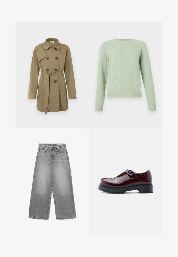 Knælang beige trenchcoat med dobbeltradet skildpadde-mønstrede knapper, taljebælte, bred krave og lange ærmer.; Lysegrøn sweater med lange raglanærmer, rund halsudskæring og ribbet kant. Blød tekstur, ensartet farve og enkelt design.; Bredde ben grå denim jeans med en falmet finish, snoreliv og traditionelt fem-lomme design, der har synlige syninger.; Vinrød laklædersko med rund tå, justerbar spænde og chunky sort platformsål med rillede tekstur.