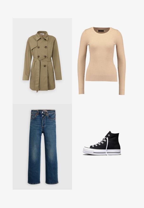 Trench-coat beige jusqu'aux genoux avec des boutons en tortue à double boutonnage, une ceinture à la taille, un large col et de longues manches.; Pull long à manches longues en beige clair, fabriqué dans un tissu extensible. Présente un col rond et une silhouette ajustée avec des poignets resserrés.; Jean en denim bleu foncé avec une coupe décontractée. Comprend un style à cinq poches, une fermeture à boutons et un léger délavage sur les cuisses.; Baskets montantes en toile noire avec semelle en caoutchouc blanche et lacets blancs, vues de côté sur un fond blanc.
