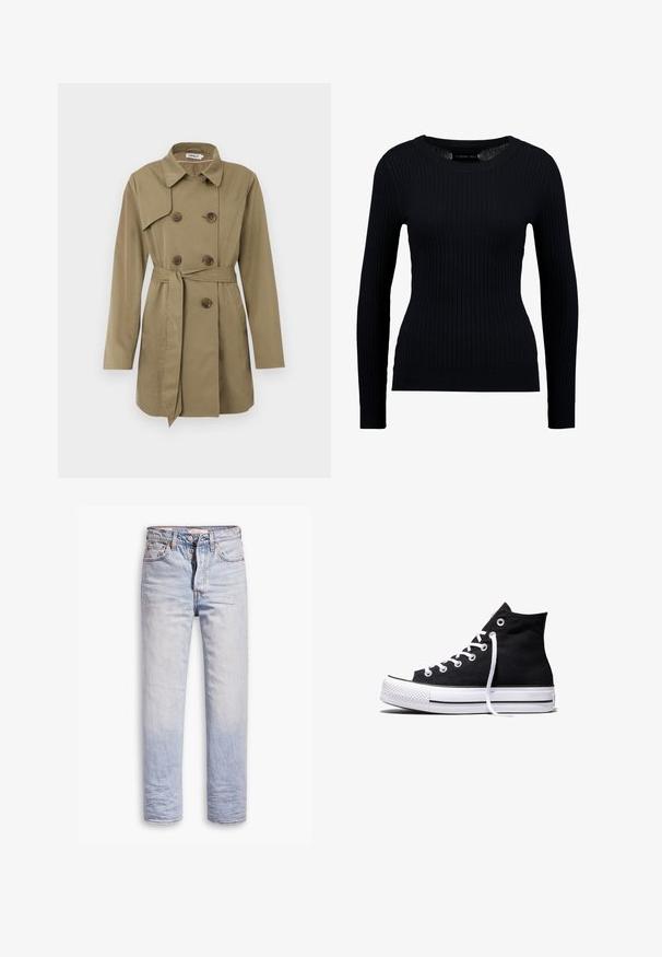 Trench coat beige hasta la rodilla con botones de carey de doble botonadura, cinturón en la cintura, cuello amplio y mangas largas.; Suéter negro de manga larga con costillas, de cuello redondo y silueta ajustada. La textura es suave con un ligero estiramiento en todo el tejido.; Jeans de denim azul claro con un diseño de pierna recta, que cuentan con un cierre de botón, cinco bolsillos y un ligero desgastado a lo largo de las piernas.; Zapatilla alta de lona negra con suela de goma blanca y cordones blancos, vista de lado sobre un fondo blanco.