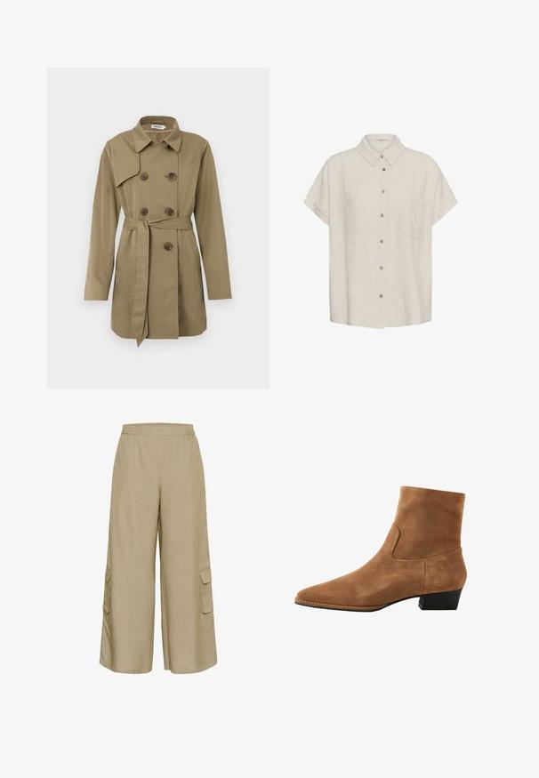 Knee-length beež trench coat kahekordsete kilpkonnapatentidega nupud, vöökoht, lai krae ja pikad varrukad.; Helebeežist lühikeste varrukatega särgis, millel on terav krae ja vasakul küljel üks rindtasku.; Kerged helepruunid laiad cargo püksid, valmistatud struktuuriga kangast, millel on elastne vöökoht ja küljetaskud klapiga.; Pruun seemisnahkne pahkluu saabastega madala plokk-kontsaga ja terava ninaga, profiilis valgel taustal.