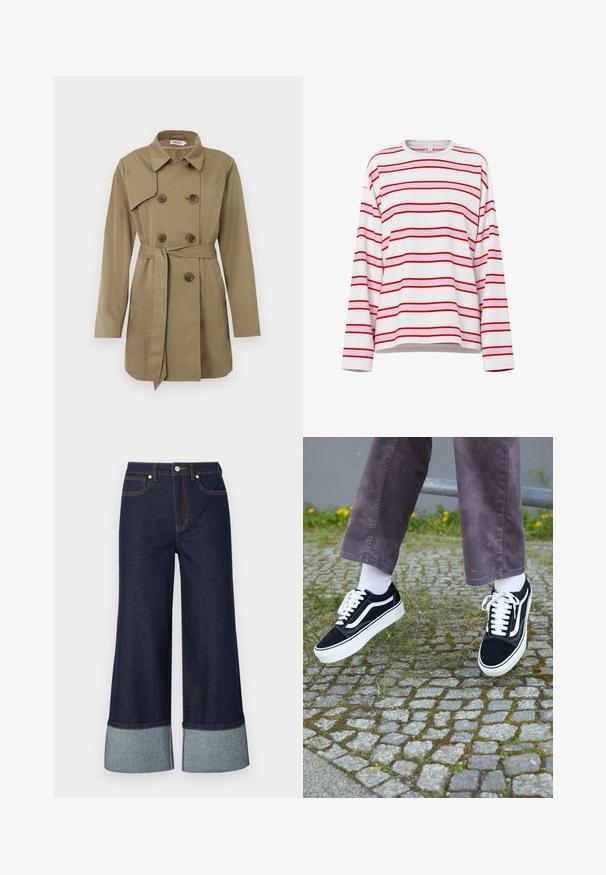 Knælang beige trenchcoat med dobbeltradet skildpadde-mønstrede knapper, taljebælte, bred krave og lange ærmer.; Langærmet hvid skjorte med vandrette røde og lyserøde striber, rund hals og afslappet pasform.; Bredde jeans lavet af mørk denim, med en lysere denimmanchet. Designet omfatter forlommer og kontrastsyningsdetaljer.; Sorte ruskinds sneakers med hvide accenter, med rund tå, tyk hvid sål og klassisk snørebåndsdesign, båret med hvide sokker og lilla bukser.