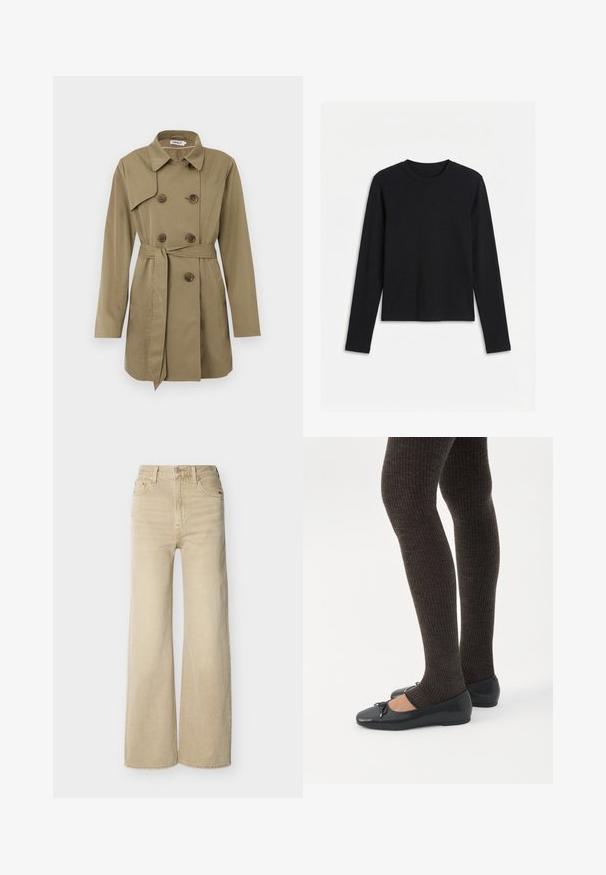 Beige trenchcoat tot de knie met dubbelgeknoopte schildpadknopen, een tailleband, een brede kraag en lange mouwen.; Zwart, effen, nauwsluitend shirt met lange mouwen en ronde hals, afgebeeld tegen een witte achtergrond.; Beige jeans met hoge taille en wijde pijpen, voorzien van knopen en rits aan de voorkant, voor- en achterzakken, en riemlussen, afgebeeld op een witte achtergrond.; Benen met donkere geribbelde leggings gecombineerd met zwarte ballerina's met kleine strikdetails op een witte achtergrond.