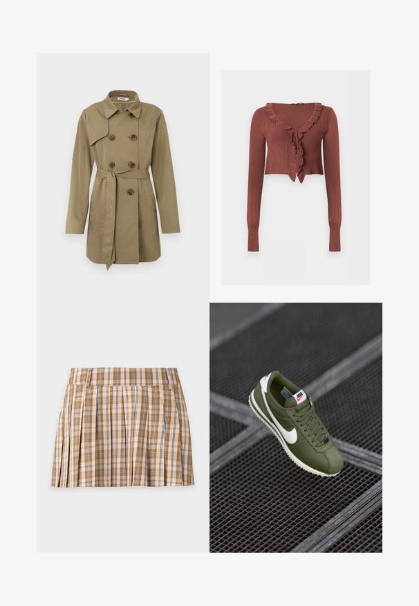 Knee-length beež trench coat kahekordsete kilpkonnapatentidega nupud, vöökoht, lai krae ja pikad varrukad.; Soonikkoes pikkade varrukatega lühike kampsun roostepunases toonis, volditud V-kaelusega ja ees lipsuga detailiga.; Beež, pruun ja sinine ruuduline voltidega miniseelik vöökohaga ja vöölõõridega valgel taustal.; Olivine roheline Nike king, millel on valge swoosh, tekstureeritud ülemine osa, paelad ja kreemjas kummitald. Esitatud ruudustikul pinnal.