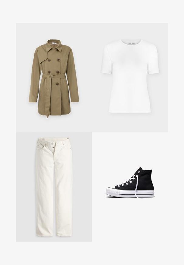 Knælang beige trenchcoat med dobbeltradet skildpadde-mønstrede knapper, taljebælte, bred krave og lange ærmer.; Hvid T-shirt med rund hals, korte ærmer, slank pasform og ribbet stofstruktur, vist på en ensfarvet lys grå baggrund.; Hvide jeans med høj talje, lige ben, knaplukning, lommer foran og bagpå samt synlige kobbernitter i lommekanterne.; Sort high-top canvas sneaker med hvid gummisål og hvide snørebånd, vist fra siden mod en hvid baggrund.