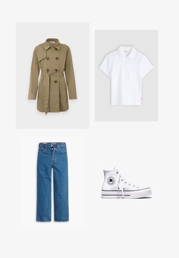 Beige trenchcoat tot de knie met dubbelgeknoopte schildpadknopen, een tailleband, een brede kraag en lange mouwen.; Wit kortärmelig geribd poloshirt met kraag en vier knopen, plat gelegd op een lichtgrijze achtergrond.; Blauwe denim jeans met rechte pijpen en hoge taille, vijf zakken en een knoopsluiting. Merkbare stiksels en koperen klinknagels.; Witte Converse Chuck Taylor All Star sneaker met hoge schacht, zwarte strepen en logo-patch aan de zijkant, weergegeven tegen een effen witte achtergrond.