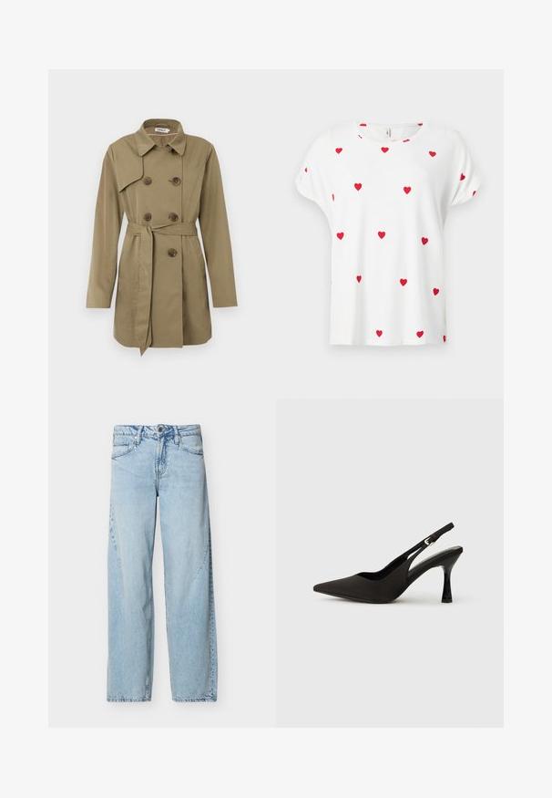 Trench-coat beige jusqu'aux genoux avec des boutons en tortue à double boutonnage, une ceinture à la taille, un large col et de longues manches.; Chemise blanche à manches courtes avec col rond, décorée de petits motifs de cœurs rouges uniformément espacés sur le devant et les manches.; Jean denim bleu clair à jambe droite avec poches avant, passants pour ceinture et fermeture par bouton sur fond blanc uni.; Chaussures à talons noires avec une bride, à bout pointu, finition mate lisse et talon fin brillant. Sangle ajustable avec petit détail de boucle.