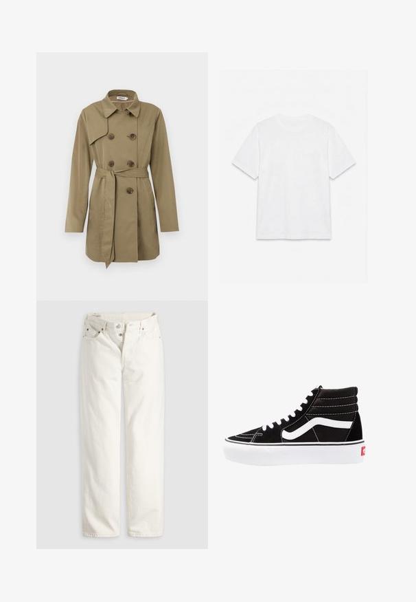 Knee-length beež trench coat kahekordsete kilpkonnapatentidega nupud, vöökoht, lai krae ja pikad varrukad.; Lihtne valge lühikeste varrukatega t-särk, ümmarguse kaelusega, lamades lamedalt valgel taustal.; Valged kõrge vöökohaga sirgete säärega teksad, millel on nööpidega esitasku, esiküljel ja taga taskud ning taskunurkadel nähtavad vasknaelad.; Mustad mustad sneakers valge paeltega, valge logo ja kontraste valge õmblusega. Omab paksu valget talda ja tekstureeritud nahkiga ülemist osa.
