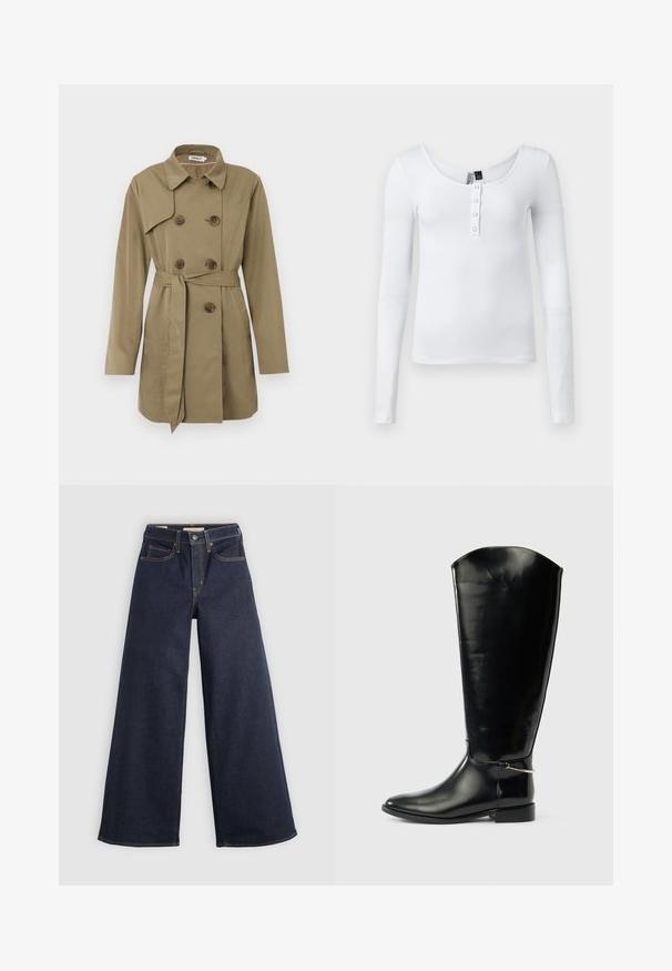 Knælang beige trenchcoat med dobbeltradet skildpadde-mønstrede knapper, taljebælte, bred krave og lange ærmer.; Hvid langærmet ribbet top med scoop-neck og fire knapper foran. Stoffet har en glat tekstur og en tætsiddende pasform.; Bredde ben denim jeans i mørkeblå med kontrastsyninger. Har det traditionelle fem-lomme design og en knaplukning ved taljen.; Høj sort læderstøvle med spids tå, lav hæl og sølvfarvet metaldetalje ved anklen på en ens hvid baggrund.