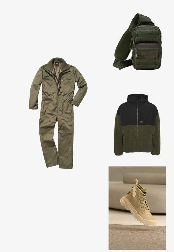 Veste à capuche avec le haut noir et le bas en polaire vert olive. Fermeture éclair, deux poches latérales et une étiquette de marque sur la poitrine.; Combinaison olive en tissu résistant, avec un zip sur le devant, un col côtelé et plusieurs poches zippées à la poitrine et sur les côtés.; Baskets montantes beiges en toile, avec un logo rond, un design à lacets et une semelle robuste aux motifs de traction visibles.; Sac à dos en bandoulière camouflage vert avec plusieurs poches zippées, une sangle réglable et un panneau arrière en mesh pour la ventilation.