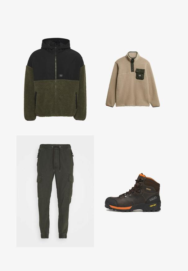 Veste à capuche avec le haut noir et le bas en polaire vert olive. Fermeture éclair, deux poches latérales et une étiquette de marque sur la poitrine.; Pull en polaire beige avec un col montant, patte de boutonnage verte et une poche poitrine. Le matériau a une finition douce et texturée. Logo de montagne sur la poche.; Pantalons cargo kaki en coton, avec une taille élastique dotée d'un cordon de serrage, des poches latérales et des poignets élastiques.; Botte de randonnée en cuir marron avec des accents noirs et orange, lacets noirs, semelle Vibram, étiquette Gore-Tex et marque Aigle 1853 sur le talon.
