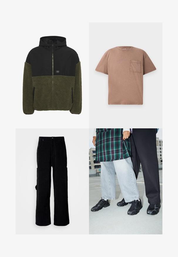 Veste à capuche avec le haut noir et le bas en polaire vert olive. Fermeture éclair, deux poches latérales et une étiquette de marque sur la poitrine.; T-shirt à manches courtes et col rond en coton marron clair, avec une poche poitrine unique et une texture subtile. Coupe droite avec des bords nets.; Pantalon large en velours côtelé noir avec un tissu texturé, deux poches avant et une poche cargo latérale. Fermeture par bouton à la taille.; Baskets de sport noires avec des accents en mesh et en caoutchouc. Portées avec un jean large gris clair et un haut à carreaux vert. Fond à surface plane.