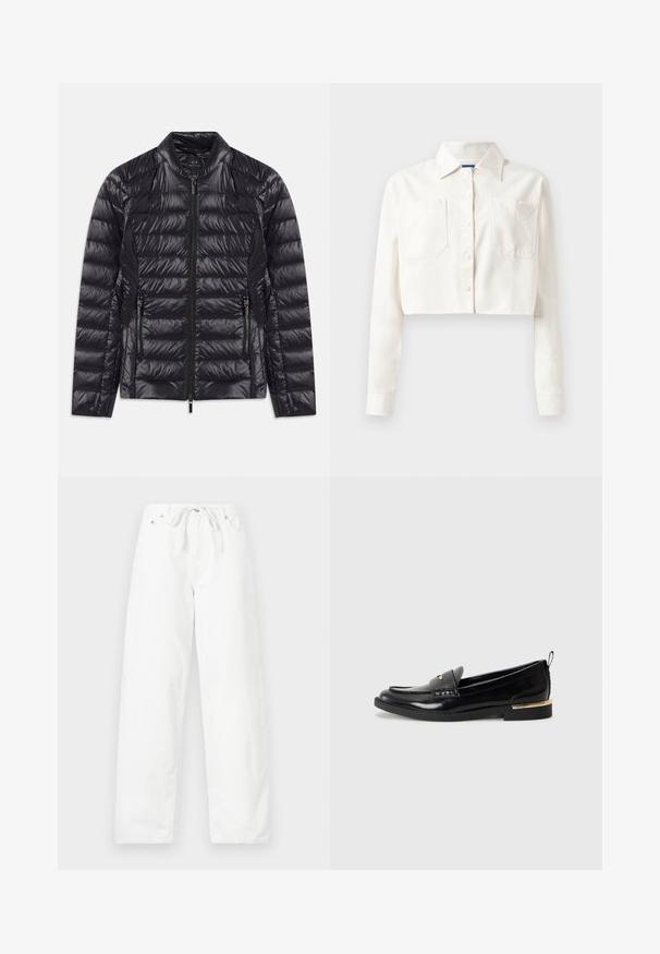 Doudoune noire brillante matelassée avec col haut, fermeture éclair à l'avant et deux poches latérales zippées, posée à plat sur un fond blanc.; Chemise blanche coupée en coton, dotée de manches longues, d'un col pointu, de deux poches avant et d'un logo en forme de cœur sur la poche gauche.; Pantalons blancs à jambes larges en denim, dotés d'une taille à cordon et de deux poches avant, avec une texture lisse et un design épuré.; Mocassins en cuir verni noir avec un bout arrondi, une sangle décorative et un accent doré sur le talon. Texture lisse avec des détails cousus.