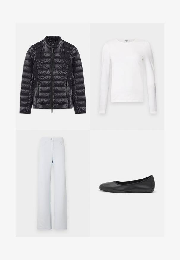 Chaqueta acolchada negra brillante con diseño de rombos, cuello alto, cremallera frontal y dos bolsillos laterales con cremallera, colocada sobre un fondo blanco.; Camiseta de manga larga blanca, hecha de algodón suave, que presenta un escote redondo y un diseño ajustado con costuras limpias y sin patrones visibles.; Pantalones de pierna ancha en azul claro, hechos de una tela suave, con cierre frontal de botón, pasadores para cinturón y dos bolsillos laterales. Textura suave y diseño sencillo.; Bailarina de piel negra con punta redondeada, textura suave, detalle de costura minimalista y diseño de suela flexible.