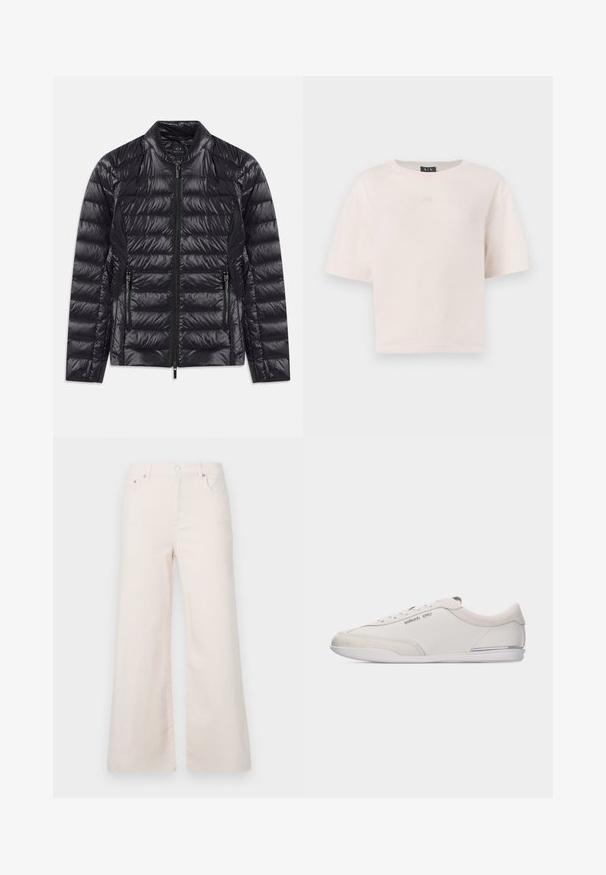 Chaqueta acolchada negra brillante con diseño de rombos, cuello alto, cremallera frontal y dos bolsillos laterales con cremallera, colocada sobre un fondo blanco.; Camiseta de manga corta de color rosa claro, hecha de algodón suave. Presenta un cuello redondo y un logotipo "AX" en relieve en la parte frontal. Corte relajado.; Pantalones de denim de pierna ancha, color beige claro, con una cintura alta, cinco bolsillos y cierre de botón en la parte delantera. Textura suave, detalles de costura mínimos.; Zapatilla de perfil bajo blanca y beige con cordones, detalles en cuero liso y ante, con un pequeño logo de Michael Kors en el lateral.