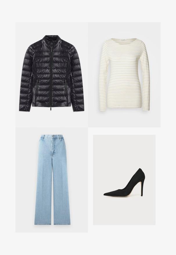 Doudoune noire brillante matelassée avec col haut, fermeture éclair à l'avant et deux poches latérales zippées, posée à plat sur un fond blanc.; Chemise à manches longues rayée en mélange de coton crème et beige, avec un col rond et une silhouette ajustée. Texture douce avec des motifs subtils.; Jeans larges bleu clair en denim avec une taille haute, comprenant cinq passants de ceinture, une fermeture à bouton à l'avant et des coutures cousues.; Escarpin noir à bout pointu et talon aiguille fin, photographié de côté sur fond blanc.