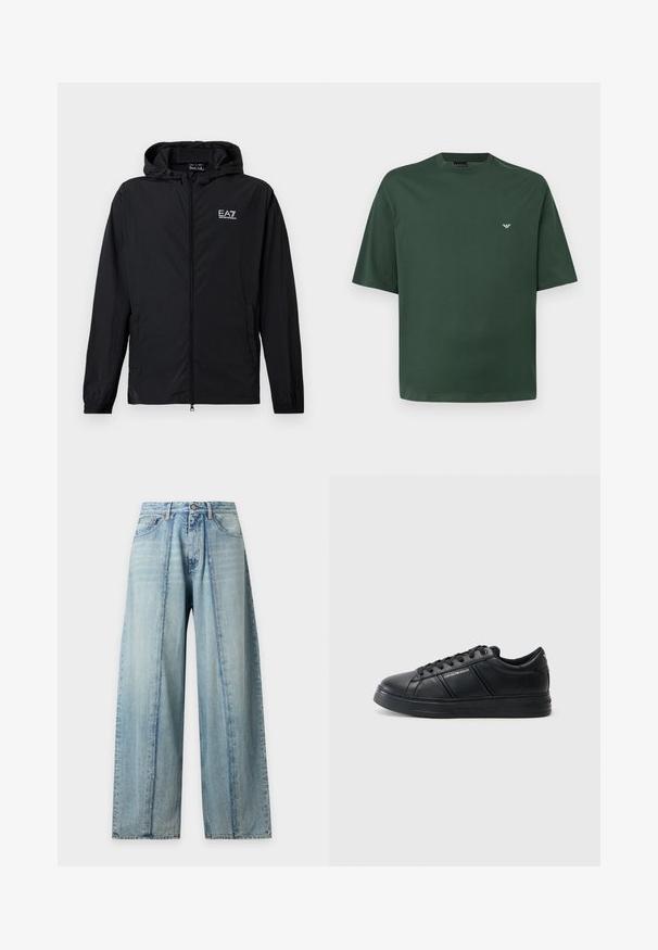 Μαύρο μπουφάν με κουκούλα και φερμουάρ, με ελαστικά μανίκια και λογότυπο EA7 Emporio Armani στο στήθος, που εμφανίζεται σε λευκό φόντο.; Σκούρο πράσινο T-shirt με κοντά μανίκια και στρογγυλή λαιμόκοψη, με μικρό λευκό λογότυπο στο αριστερό στήθος, απεικονίζεται σε απλό ανοιχτό γκρι φόντο.; Ανοιχτό μπλε τζιν παντελόνι με φαρδιά μπατζάκια, ραφές στο μπροστινό μέρος, πέντε τσέπες, κλείσιμο με κουμπί και ξεβαμμένες λεπτομέρειες.; Μαύρο δερμάτινο αθλητικό παπούτσι με λεία φινίρισμα, στρογγυλή μύτη, κορδόνια μπροστά, μαξιλαράκι στον αστράγαλο και υφή στις πλευρές. Διακριτική λεπτομέρεια με λογότυπο ορατή.