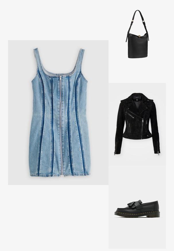 Chaqueta de motociclista de ante negro con un diseño ajustado, cierres de cremallera asimétricos, botones de presión y bolsillos con cremallera. Textura suave.; Vestido de mezclilla con silueta ajustada, que cuenta con una cremallera frontal, tirantes anchos y franjas verticales azules de acento sobre un fondo azul claro.; Mocasines de cuero negro con punta redonda, que presentan un detalle de flecos y una banda decorativa en la parte frontal, montados sobre un tacón grueso.; Bolso de hombro de cuero negro con correa ajustable y cierre esférico de tono dorado en la parte superior central.