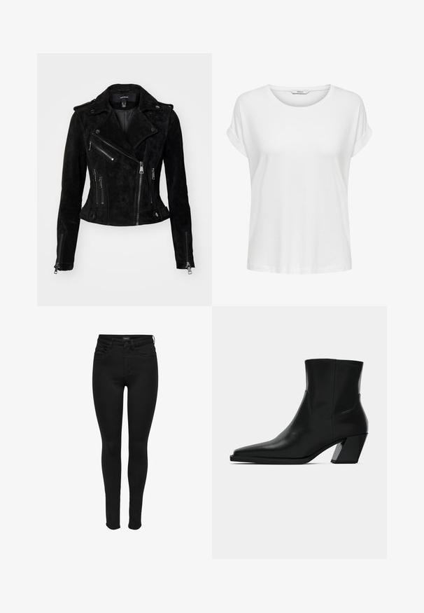 Chaqueta de motociclista de ante negro con un diseño ajustado, cierres de cremallera asimétricos, botones de presión y bolsillos con cremallera. Textura suave.; Camiseta blanca de manga corta hecha de algodón suave. Presenta un cuello redondo y puños enrollados. Diseño simple sin patrones ni acentos.; Pantalones vaqueros ajustados negros de mezclilla, con un diseño clásico de cinco bolsillos, cierre de cremallera y una textura suave con detalles de costura mínimos.; Bota de tobillo de cuero negro con punta afilada, una silueta elegante y un tacón cuadrado grueso. Textura suave con detalles de costura mínimos.