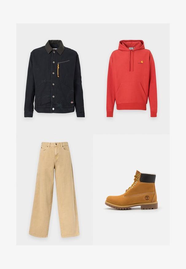 Zwarte button-up jas met een donkere contrasterende kraag, twee voorzakken, een ritszak op de borst met een gele trekstrip en een klein logo patch.; Rode hoodie met een capuchon met trekkoord, een kangoeroezak, geribde manchetten en een geel logo op de borst. Gemaakt van zachte stof met een gladde textuur.; Beige jeans met hoge taille en wijde pijpen, voorzien van knopen en ritssluiting aan de voorkant, riemlussen en voorzakken, afgebeeld tegen een effen achtergrond.; Bruine leren enkellaars met metalen oogjes, witte faux bont voering, zwarte gewatteerde kraag, robuuste zool en een reliëflogo aan de zijkant.