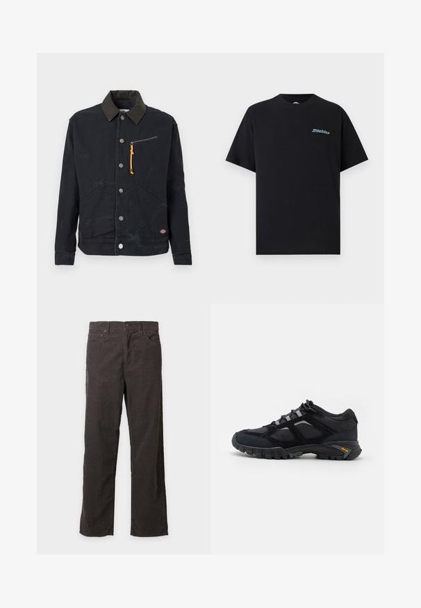Veste noire à boutons avec col foncé en contraste, deux poches avant, une poche poitrine zippée avec tirette jaune et un petit patch logo.; T-shirt noir à manches courtes et col rond avec un petit logo "Dickies" multicolore sur la poitrine gauche, sur un fond uni.; Pantalon en velours côtelé marron foncé à coupe droite, fermeture par bouton et fermeture éclair, passants pour ceinture et poches avant sur fond uni.; Chaussure extérieure noire en daim et en maille avec une semelle robuste. Présente des accents gris et une marque Vibram sur le côté. Design à lacets.
