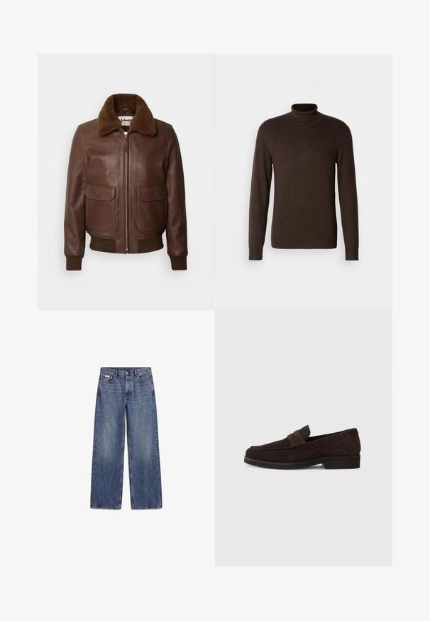 Schott Bomberjacks - brown; Bruine coltrui van zacht materiaal, met lange mouwen en een ribgebreide kraag. Glad oppervlak met een aansluitend ontwerp.; Blauwe rechte denim jeans met voorzakken, riemlussen en knoopsluiting, plat gelegd op een witte achtergrond.; Bruine suède loafers met een lage profiel en ronde neus. Heeft een decoratieve band over de bovenkant, een platte rubberen zool en geen zichtbare stiksels.