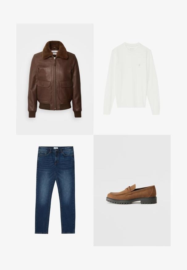 Schott Blouson Bomber - brown; Pull blanc à manches longues en maille douce. Il présente un col rond et un petit motif d'oiseau brodé sur le côté gauche de la poitrine.; Jean slim-fit bleu foncé avec des détails délavés, design classique à cinq poches, fermeture à bouton et passants de ceinture.; Mocassins en daim marron avec un bout arrondi et une semelle noire en caoutchouc basse, présentant une sangle décorative et des détails de couture sur le dessus.
