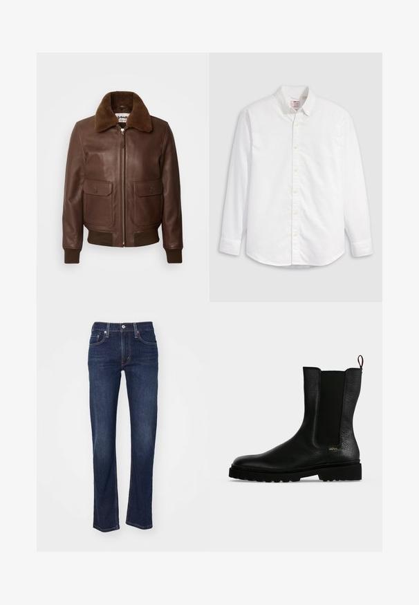 Schott Blouson Bomber - brown; Chemise blanche à boutons en coton avec manches longues, col classique et ourlet arrondi. Dotée de boutons jaunes et d'un branding discret.; Jeans en denim bleu foncé avec une coupe droite, présentant un design classique à cinq poches et des coutures détaillées sur les bords.; Bottine en cuir noir avec un panneau latéral élastique, une semelle épaisse et une languette à l’arrière, featuring un petit logo doré "Hugo" près du talon.