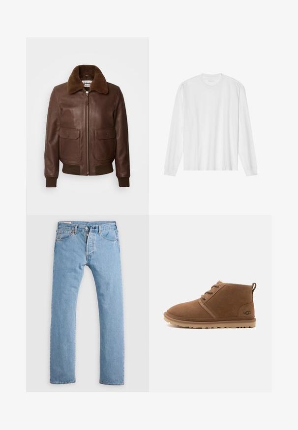 Schott Bomberjacks - brown; Wit, lang katoen T-shirt met lange mouwen en ronde hals, met geribde manchetten en een rechte zoom, een gladde textuur en een minimalistisch ontwerp.; Lichtblauwe rechte spijkerbroek met knoopsluiting, riemlussen en voor- en achterzakken, weergegeven op een witte achtergrond.; Bruine suède enkellaars met veters, rubberen zool, trek lipje bij de hiel en UGG-logo aan de zijkant, getoond vanaf de buitenkant op een witte achtergrond.