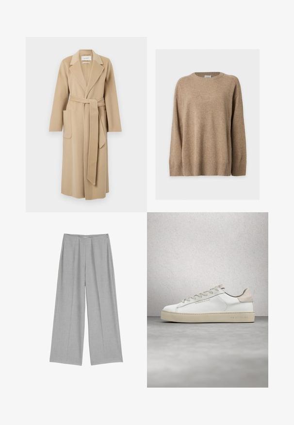 Long manteau en laine beige avec des revers larges, deux poches avant et une ceinture assortie nouée à la taille.; Pull en maille beige à manches longues avec poignets, bas et col rond côtelés, présenté à plat sur fond blanc.; Pantalons larges gris clair avec un devant plissé, présentant une texture douce et une fermeture éclair discrète sur le côté.; Sneaker en cuir blanc avec une finition lisse, accents en suède beige, bout arrondi, design à lacets plats et semelle en caoutchouc texturée.