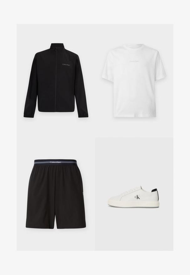Veste noire zippée avec col montant, poignets élastiques et logo "Calvin Klein" sur le côté gauche de la poitrine, sur un fond uni.; T-shirt blanc à manches courtes avec col rond, avec un discret logo Calvin Klein embossé centré sur la poitrine.; Shorts noirs Calvin Klein pour hommes avec taille élastique et bande de marque, longueur au genou, design uni, présentés à plat sur fond blanc.; Baskets en cuir blanc avec un bout arrondi, semelle en caoutchouc plate et accent de talon noir. Présente un logo Calvin Klein noir prominent sur le côté.