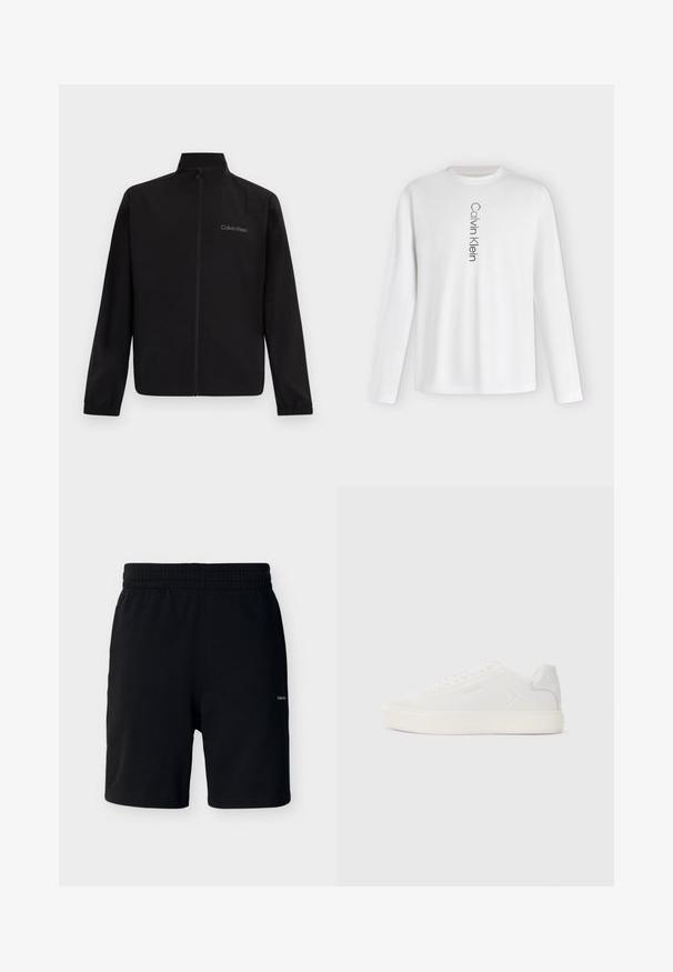 Veste noire zippée avec col montant, poignets élastiques et logo "Calvin Klein" sur le côté gauche de la poitrine, sur un fond uni.; T-shirt blanc à manches longues avec col rond, logo "Calvin Klein" imprimé en noir verticalement au centre devant.; Shorts noirs mi-cuisse avec taille élastique, en tissu doux, avec un petit logo Calvin Klein blanc sur la jambe droite.; Baskets blanches avec une tige synthétique lisse, bout rond et semelle plate blanche. Caractérisées par des coutures ton sur ton et un branding minimaliste sur le côté.