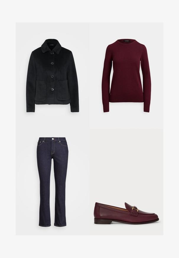 Sort fleecejakke med krave, seks knapper og to forlommer. Glat tekstur med en tætsiddende pasform.; Vinrød pullover sweater lavet af blødt, let strikstof, som har ribstrikket kant og ærmegab, med rund hals og uden mønstre.; Mørkeblå denim flare jeans med høj talje, med knap- og lynlåslukning, fem lommer og kontrastsyninger.; Bordeaux læder loafers med en glat finish, der har en dekorativ spænde og syninger, flad træhæle og afrundet tå.