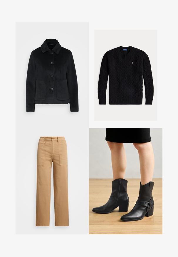 Sort fleecejakke med krave, seks knapper og to forlommer. Glat tekstur med en tætsiddende pasform.; Sort kabelstrikket crewneck-sweater med lange ærmer og et lille hvidt Polo Ralph Lauren-logo på brystet.; Beige bomuldsbukser med lige ben, der har en knaplukning, forlommer og synlige stikninger.; Sorte læder ankelstøvler med spids tå, lynlås lukning, buet hæl og en dekorativ rem med metal detaljer.