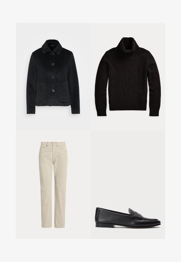Sort fleecejakke med krave, seks knapper og to forlommer. Glat tekstur med en tætsiddende pasform.; Sort strikket rullekravesweater med lange ærmer og ribstrikkede manchetter, krave og kant på hvid baggrund.; Beige, lige-benede fløjlsbukser med bæltestropper, frontknap, lynlås og frontlommer.; Sorte læder loafers med struktureret finish, der har en dekorativ rem og flad hæl. Slank, minimalistisk design med rund tå.