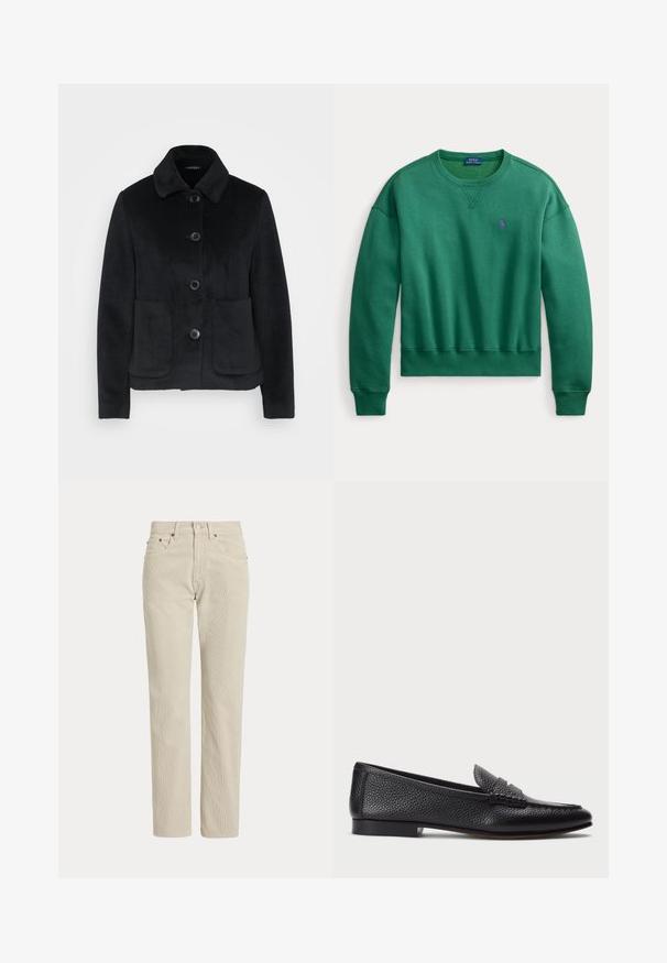 Sort fleecejakke med krave, seks knapper og to forlommer. Glat tekstur med en tætsiddende pasform.; Grøn crewneck sweatshirt med lange ærmer og en lille lilla broderet Polo Ralph Lauren-logo på venstre bryst.; Beige, lige-benede fløjlsbukser med bæltestropper, frontknap, lynlås og frontlommer.; Sorte læder loafers med struktureret finish, der har en dekorativ rem og flad hæl. Slank, minimalistisk design med rund tå.