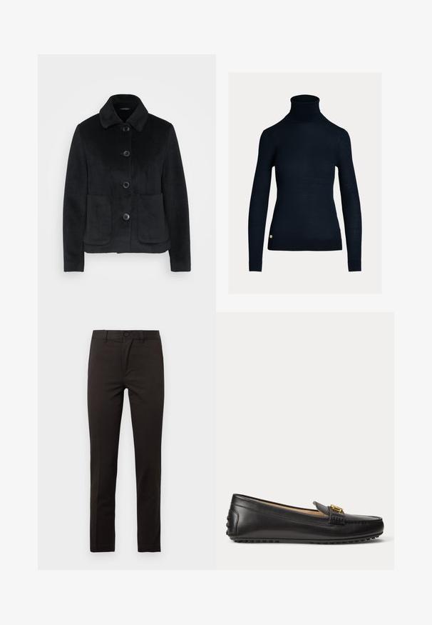 Must have kašmiri jope, millel on krae, kuus nuppu ja kaks esikotti. Sile tekstuur ja ülikonnaliku lõikega.; Must noir turtleneck, mille pikkade varrukatega, keha külge sobiv disain ja soonik serv. Kuldne logo aktsent asub allosas.; Mustad sirgete säärega püksid, valmistatud siledast puuvillasest segust; esiküljel nööp, tõmblukk ja kaks küljetaskut. Puhtad, minimalistlikud disain.; Mustast nahast loafer kuldse pandla detaili ja kummist naelutatud tallaga, näidatud küljelt valgel taustal.