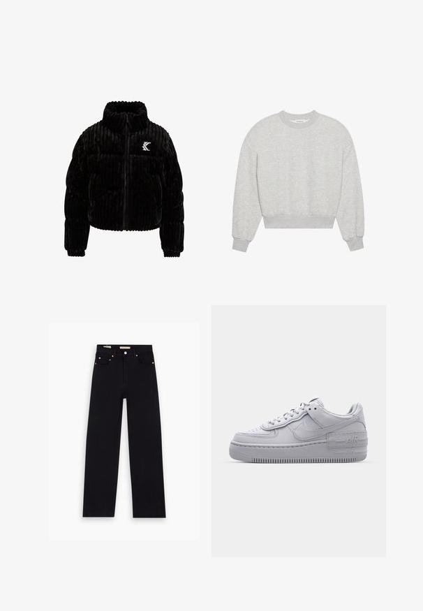 Schwarze Puffjacke aus Samt mit vertikal gerippter Textur, hohem Kragen, Reißverschluss und einem gestickten Logo auf der linken Brust.; Grauer, verkürzter Sweatshirt mit rundem Ausschnitt, überschnittenen Schultern, langen Ärmeln mit gerippten Bündchen, aus weichem Baumwollmischgewebe, mit minimaler Textur.; Schwarze Denim-Jeans mit geradem Schnitt, fünf Taschen, Kupferbeschlägen und einer glatten Textur. Zwei Etiketten sind am Bund sichtbar.; Graue Nike Air Force 1 Sneaker mit perforierter Zehenpartie, Obermaterial aus glattem Leder, dicker Sohle und geprägtem 'AIR'-Detail an der Ferse.