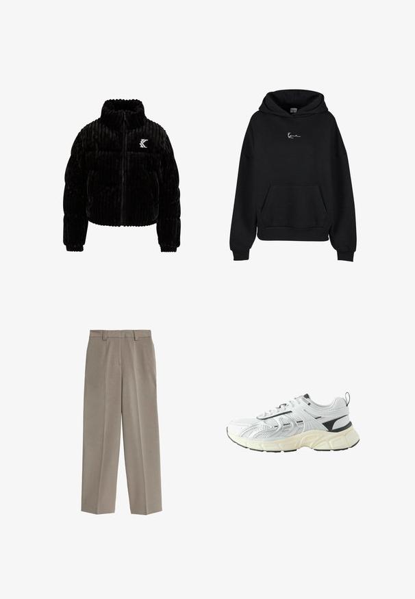 Schwarze Puffjacke aus Samt mit vertikal gerippter Textur, hohem Kragen, Reißverschluss und einem gestickten Logo auf der linken Brust.; Schwarzer Hoodie aus weichem Material, mit einer Kängurutasche und einem in Weiß auf der Brust gestickten Logo. Lockere Passform mit gerippten Bündchen.; Beige Hose mit geradem Bein, vorderen Falten, Gürtelschlaufen und verdecktem Reißverschluss, auf weißem Hintergrund präsentiert.; Weißer und schwarzer Sportschuh mit Mesh-Obermaterial, strukturiertem Sohlenprofil, Schnürverschluss und einer Lasche an der Ferse, Seitenansicht vor weißem Hintergrund.