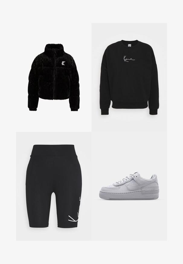 Zwart pufferjack gemaakt van fluweel, met verticale ribbelstructuur, hoge kraag, ritssluiting en een geborduurd logo op de linkerkant van de borst.; Zwarte sweatshirt van katoen met een ronde hals en lange mouwen. Voorzien van witte geborduurde tekst op de voorkant. Eenvoudig, minimalistisch ontwerp.; Zwarte fietsbroek met hoge taille, voorzien van witte geborduurde details aan de voorkant, een gladde textuur en een aansluitend ontwerp.; Grijze Nike Air Force 1 sneaker met geperforeerde neus, glad leren bovenwerk, dikke zool en verhoogde 'AIR' details op de hiel.