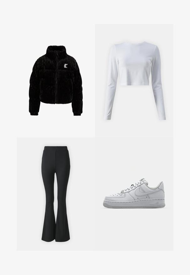 Chaqueta acolchada negra de terciopelo, con textura de canalé vertical, cuello alto, cierre de cremallera y un logo bordado en el lado izquierdo del pecho.; Camisa blanca de manga larga cortada, hecha de un tejido suave. Presenta un clásico escote redondo y mangas ajustadas. Textura suave, diseño minimalista.; Pantalones acampanados negros hechos de tejido elástico. Presentan una cinturilla alta y un diseño ajustado y suave que se ensancha desde la rodilla hacia abajo.; Zapatilla de cuero blanca con diseño de bajo corte, punta redonda, detalles perforados y suela de goma texturizada. Presenta acentos grises en la lengüeta.