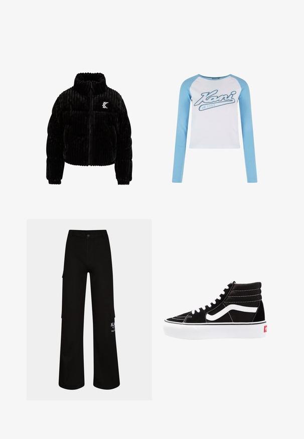 Chaqueta acolchada negra de terciopelo, con textura de canalé vertical, cuello alto, cierre de cremallera y un logo bordado en el lado izquierdo del pecho.; Camisa de manga larga con un cuerpo blanco y mangas acanaladas de color azul claro, con un logotipo de script azul que dice "Kani est. 1989" en el frente.; Pantalones cargo negros con un ajuste holgado, fabricados en tela duradera. Presentan bolsillos laterales y detalles de logotipo blanco en la pierna.; Zapatillas altas negras con cordones blancos, un logo blanco y costuras en blanco que contrastan. Presentan una suela blanca gruesa y una parte superior de ante texturizado.