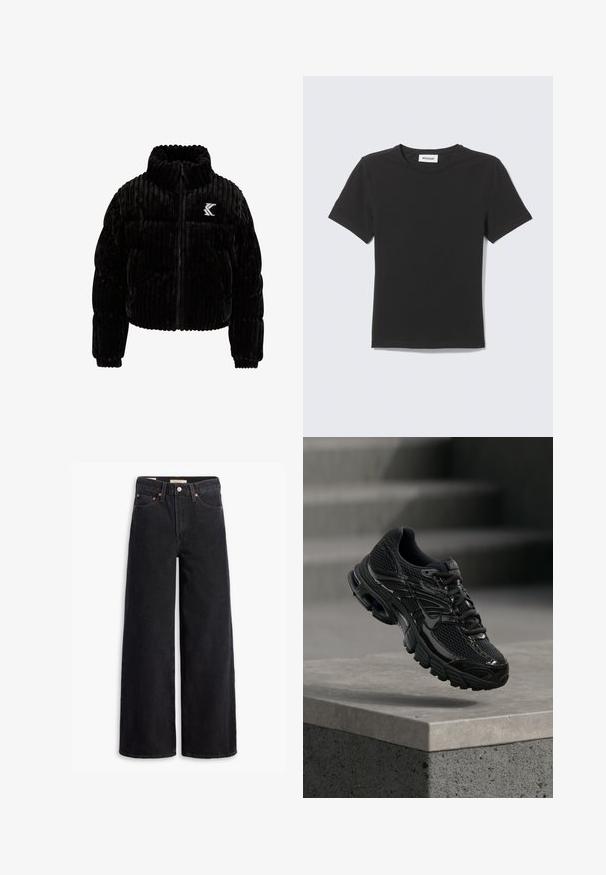 Chaqueta acolchada negra de terciopelo, con textura de canalé vertical, cuello alto, cierre de cremallera y un logo bordado en el lado izquierdo del pecho.; Camiseta negra de manga corta con cuello redondo, colocada plana con una pequeña etiqueta blanca dentro del cuello sobre un fondo claro.; Jeans de pierna ancha negros hechos de denim, con cinco bolsillos, remaches de cobre y un cierre clásico de botón. Textura suave con un diseño limpio.; Zapatilla de running negra de Nike con parte superior de malla y sintética flotando sobre una superficie de hormigón y escalones de fondo.