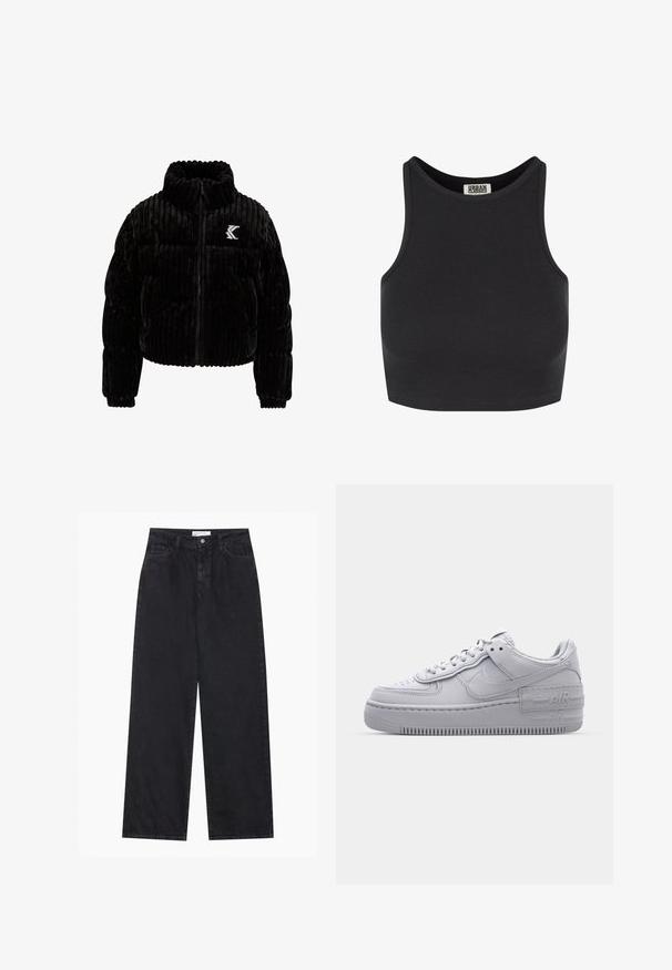Schwarze Puffjacke aus Samt mit vertikal gerippter Textur, hohem Kragen, Reißverschluss und einem gestickten Logo auf der linken Brust.; Schwarzes, geripptes Crop-Top mit ärmellosem Design. Verfügt über einen runden Halsausschnitt und eine glatte Textur. Etikett im Nacken sichtbar.; Schwarze hoch geschnittene, weit geschnittene Jeans aus Denim mit Vorderknopf- und Reißverschluss, Gürtelschlaufen und fünf Taschen.; Graue Nike Air Force 1 Sneaker mit perforierter Zehenpartie, Obermaterial aus glattem Leder, dicker Sohle und geprägtem 'AIR'-Detail an der Ferse.