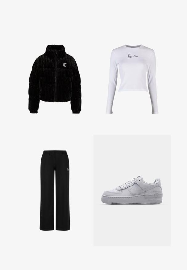 Schwarze Puffjacke aus Samt mit vertikal gerippter Textur, hohem Kragen, Reißverschluss und einem gestickten Logo auf der linken Brust.; Weißes langärmliges Crop-Top aus geripptem Stoff mit einem schwarzen Signatur-Logo auf der Brust. Rundhalsausschnitt und schlanke Passform.; Schwarze weit geschnittene Hosen aus weichem Baumwollstoff. Mit elastischem Taillenzug und einem kleinen weißen Logo-Detail an der Seite.; Graue Nike Air Force 1 Sneaker mit perforierter Zehenpartie, Obermaterial aus glattem Leder, dicker Sohle und geprägtem 'AIR'-Detail an der Ferse.
