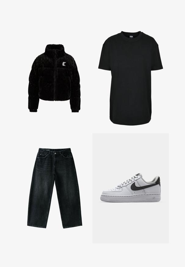 Schwarze Puffjacke aus Samt mit vertikal gerippter Textur, hohem Kragen, Reißverschluss und einem gestickten Logo auf der linken Brust.; Schwarzes T-Shirt mit kurzen Ärmeln und Rundhalsausschnitt in Größe XS mit dem Etikett "Urban Classics" innen am Kragen.; Schwarze Jeans mit weitem Bein, Vorderknopf und Reißverschluss, Gürtelschlaufen und Fünf-Taschen-Design auf weißem Hintergrund.; Weißes Leder-Sneaker mit grauen Akzenten, runde Zehenpartie, strukturierte Oberfläche, gepolsterter Kragen und kontrastierendes schwarzes Swoosh-Logo. Luftgepolsterte Sohle.