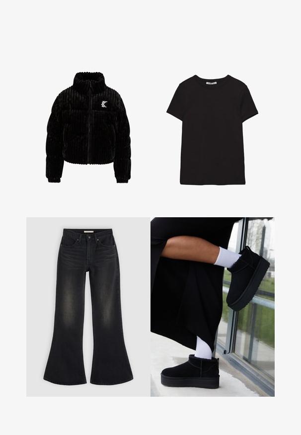 Schwarze Puffjacke aus Samt mit vertikal gerippter Textur, hohem Kragen, Reißverschluss und einem gestickten Logo auf der linken Brust.; Schwarzes, kurzärmliges Baumwoll-T-Shirt mit rundem Halsausschnitt, Standardpassform und sichtbarem innerem Nackenetikett.; Schwarze Jeans mit weitem Bein, Vordertaschen, Gürtelschlaufen und verblasster Schattierung an Oberschenkeln und Knien, auf einem hellen Hintergrund flach ausgelegt.; Schwarze Wildleder-Stiefeletten mit flacher Sohle, versehen mit einer Zuglasche hinten, getragen mit weißen Knöchel-Socken vor einem minimalistischem Hintergrund.