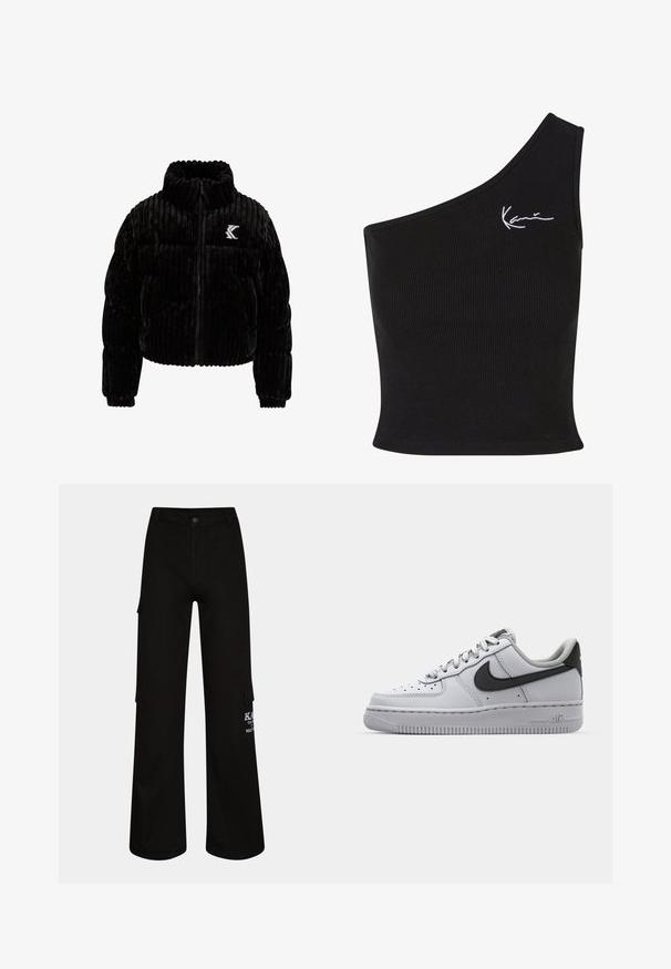 Schwarze Puffjacke aus Samt mit vertikal gerippter Textur, hohem Kragen, Reißverschluss und einem gestickten Logo auf der linken Brust.; Schwarzes, geripptes Cropped Top mit asymmetrischem Design, das ein weiß gesticktes Logo auf der Vorderseite und eine glatte Textur aufweist.; Schwarze Cargo-Hosen mit lockerem Schnitt, aus strapazierfähigem Stoff. Mit Seitentaschen und weißen Logo-Details am Bein.; Weißes Leder-Sneaker mit grauen Akzenten, runde Zehenpartie, strukturierte Oberfläche, gepolsterter Kragen und kontrastierendes schwarzes Swoosh-Logo. Luftgepolsterte Sohle.