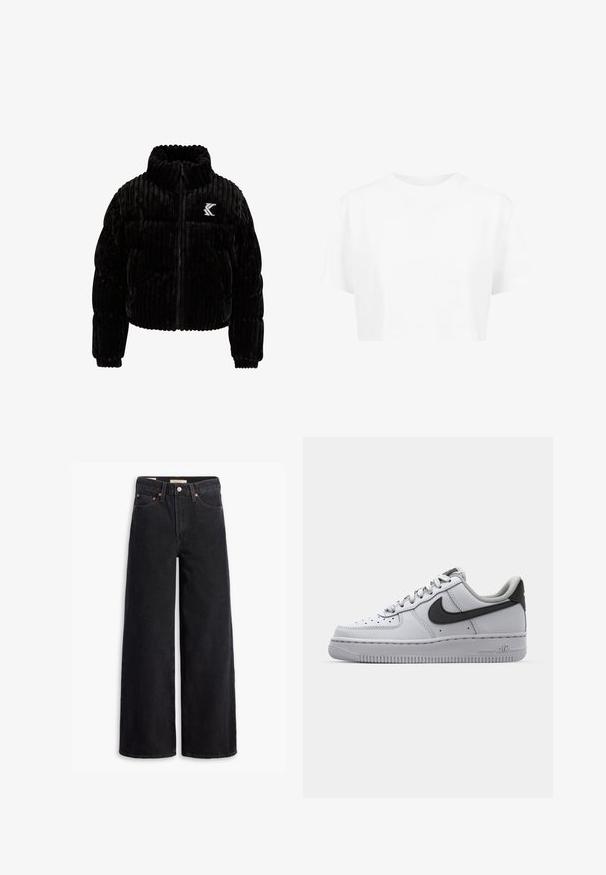 Schwarze Puffjacke aus Samt mit vertikal gerippter Textur, hohem Kragen, Reißverschluss und einem gestickten Logo auf der linken Brust.; Weißes, kurzes T-Shirt mit kurzen Ärmeln und rundem Halsausschnitt, aus glattem Stoff, ohne sichtbare Muster oder auffällige Hardware.; Schwarze weite Jeans aus Denim mit fünf Taschen, Kupferrivets und einem klassischen Knopfverschluss. Glatte Textur mit einem klaren Design.; Weißes Leder-Sneaker mit grauen Akzenten, runde Zehenpartie, strukturierte Oberfläche, gepolsterter Kragen und kontrastierendes schwarzes Swoosh-Logo. Luftgepolsterte Sohle.