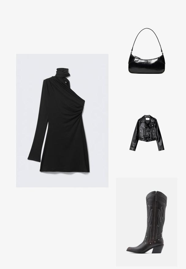 Sort cropped læderbikerjakke med asymmetrisk frontlynlås, trykknapper og fire lynlåse. Har et justerbart bælte i taljen.; Sort étuikjole med én skulder, lavet af blødt stof. Den har et draperet design med samling på siden og en høj hals. Længesleeven er tætsiddende.; Brune læder cowboystøvler med flammebroderi, sidelukning med lynlås, sølvnitter, spids snude og lagdelt hæl.; Sort, blank skuldertaske i læder med et enkelt rum med lynlås og en tynd rem buet i en bueform.